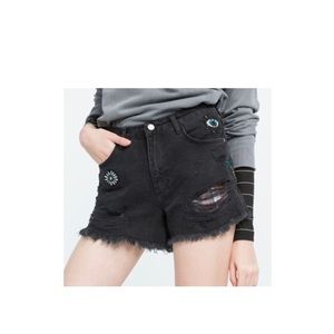 Zara Trafaluc Patched Distressed Black‎ Denim Shorts